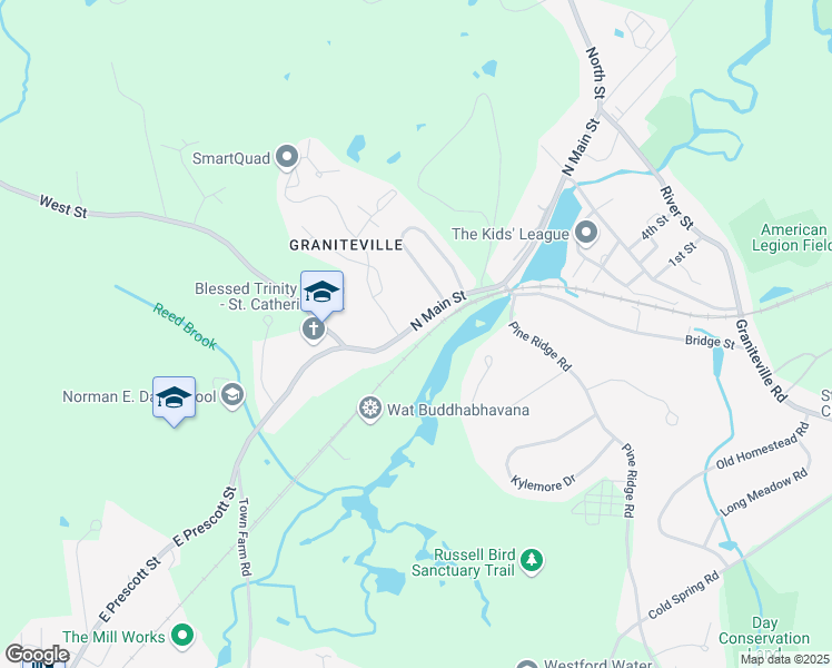 map of restaurants, bars, coffee shops, grocery stores, and more near 68 North Main Street in Westford