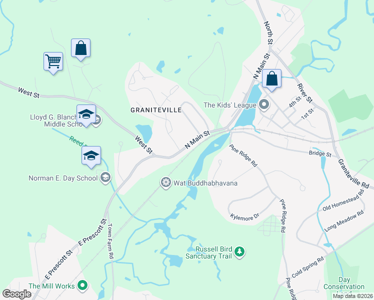 map of restaurants, bars, coffee shops, grocery stores, and more near 66 North Main Street in Westford