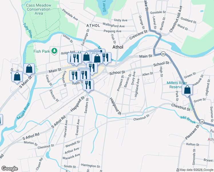 map of restaurants, bars, coffee shops, grocery stores, and more near 187 Cottage Street in Athol