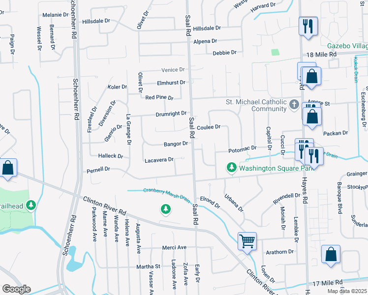 map of restaurants, bars, coffee shops, grocery stores, and more near 14297 Lacavera Drive in Sterling Heights