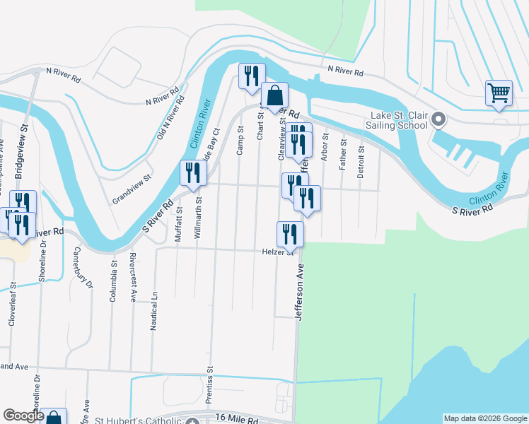 map of restaurants, bars, coffee shops, grocery stores, and more near 39468 Chart Street in Harrison Township