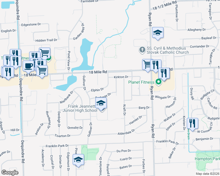 map of restaurants, bars, coffee shops, grocery stores, and more near 3145 Barkway Drive in Sterling Heights