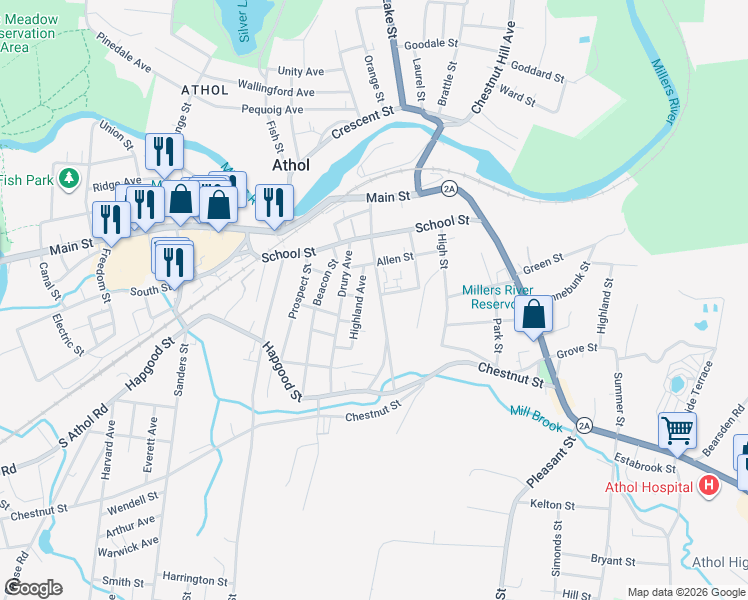 map of restaurants, bars, coffee shops, grocery stores, and more near 136 Highland Avenue in Athol