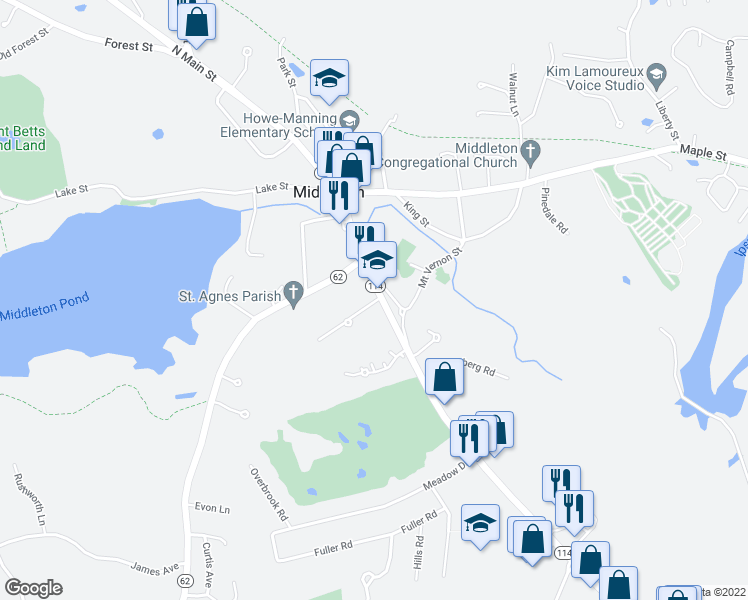map of restaurants, bars, coffee shops, grocery stores, and more near 63 South Main Street in Middleton