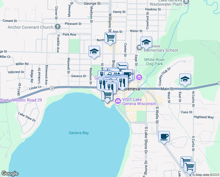 map of restaurants, bars, coffee shops, grocery stores, and more near 120 Broad Street in Lake Geneva