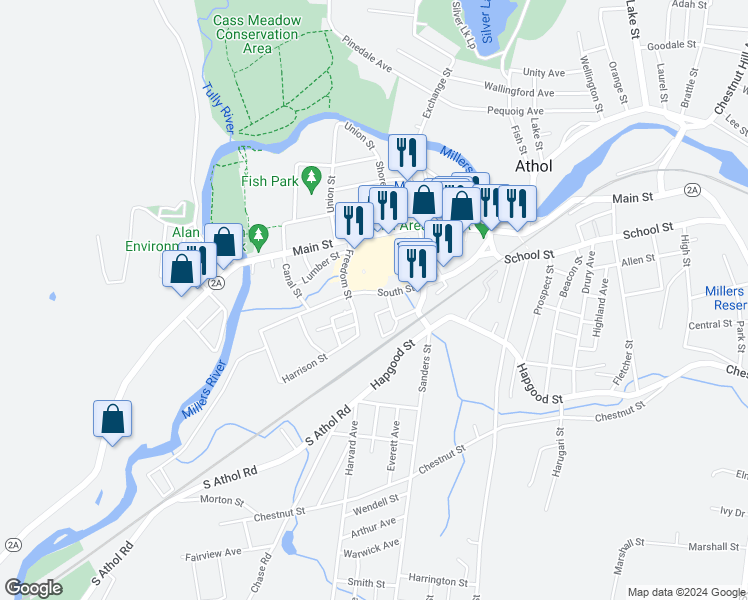map of restaurants, bars, coffee shops, grocery stores, and more near 204 Freedom Street in Athol