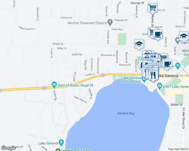 map of restaurants, bars, coffee shops, grocery stores, and more near 1420 West Main Street in Lake Geneva