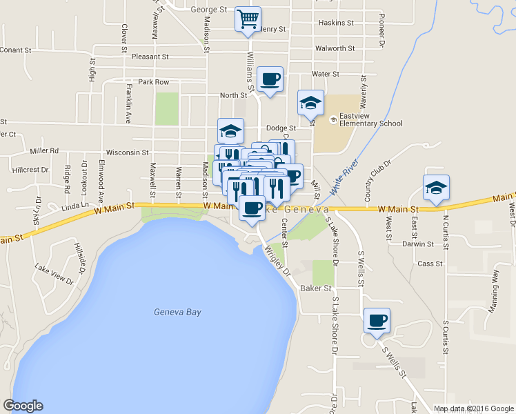 map of restaurants, bars, coffee shops, grocery stores, and more near County Highway H in Lake Geneva