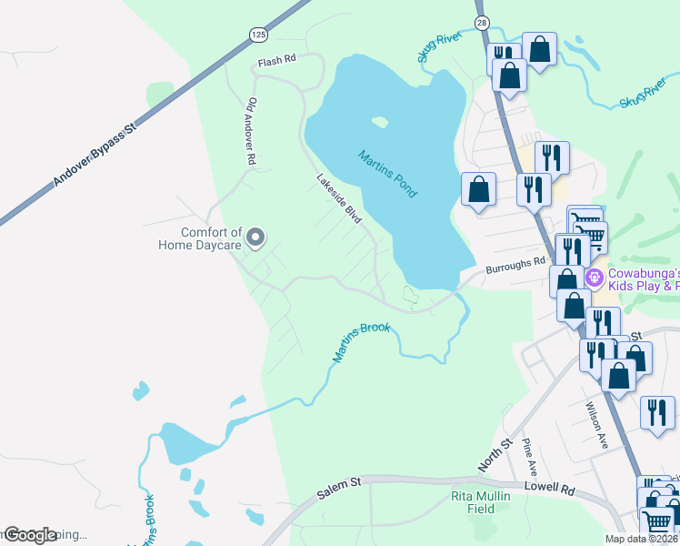 map of restaurants, bars, coffee shops, grocery stores, and more near 13 Parkview Terrace in North Reading