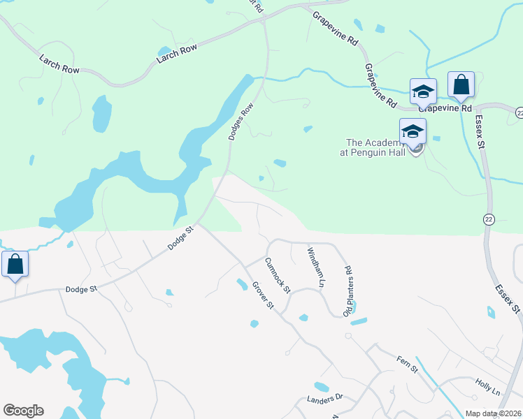 map of restaurants, bars, coffee shops, grocery stores, and more near 79 Dodges Row in Wenham