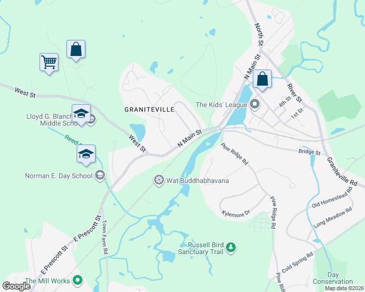 map of restaurants, bars, coffee shops, grocery stores, and more near 61 North Main Street in Westford