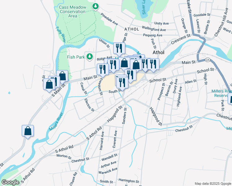 map of restaurants, bars, coffee shops, grocery stores, and more near 273 Main Street in Athol