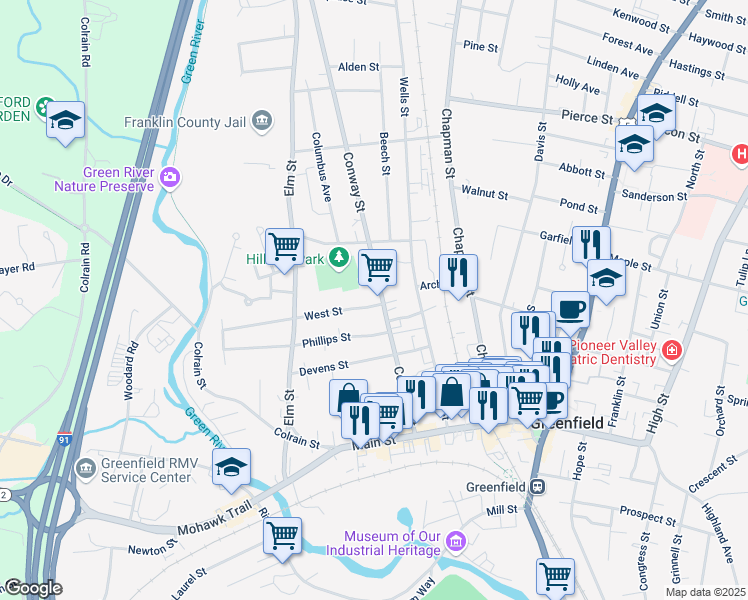 map of restaurants, bars, coffee shops, grocery stores, and more near 135 Conway Street in Greenfield