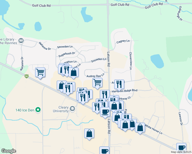 map of restaurants, bars, coffee shops, grocery stores, and more near 3890 Audrey Rae Lane in Howell