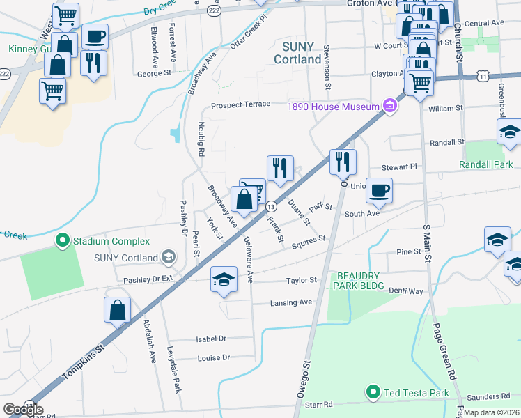 map of restaurants, bars, coffee shops, grocery stores, and more near 146 Tompkins Street in Cortland