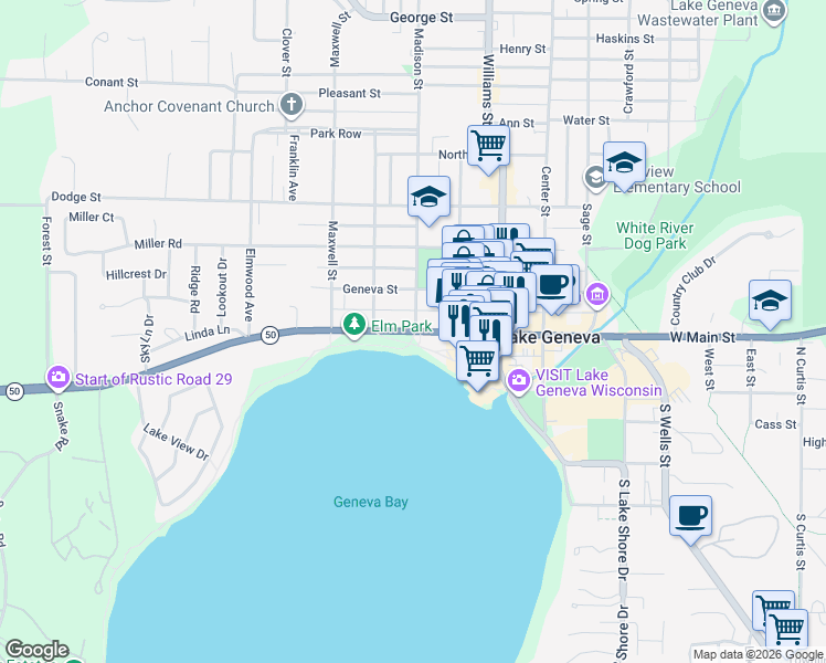 map of restaurants, bars, coffee shops, grocery stores, and more near 1000 West Main Street in Lake Geneva