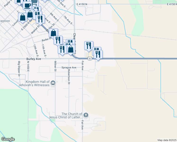map of restaurants, bars, coffee shops, grocery stores, and more near Kacy Meadows Lane in Buhl