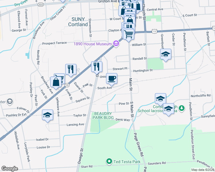 map of restaurants, bars, coffee shops, grocery stores, and more near 37 Union Street in Cortland
