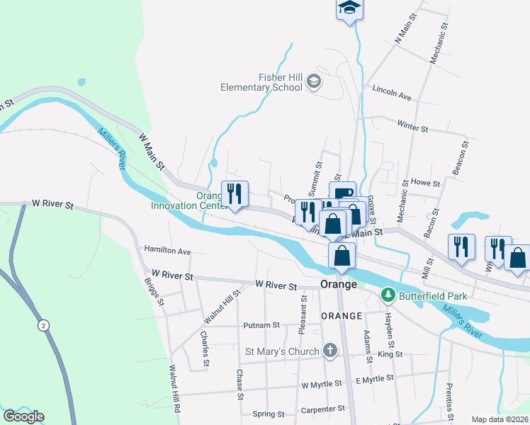 map of restaurants, bars, coffee shops, grocery stores, and more near 91 Prospect Street in Orange