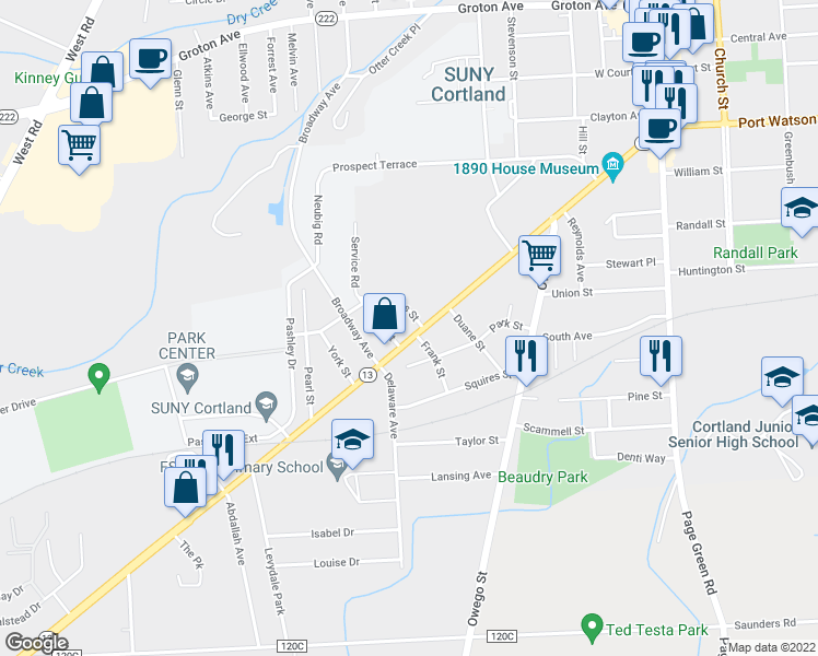 map of restaurants, bars, coffee shops, grocery stores, and more near 146 Tompkins Street in Cortland
