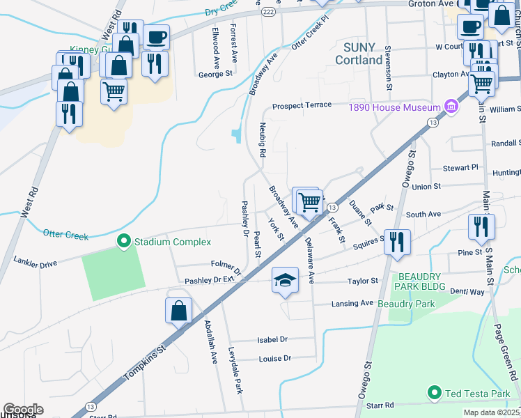 map of restaurants, bars, coffee shops, grocery stores, and more near 28 Pearl Street in Cortland