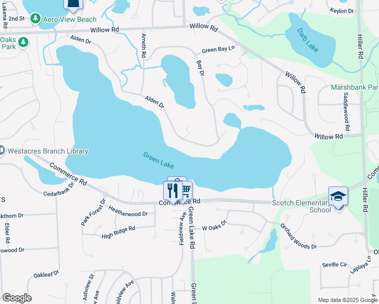 map of restaurants, bars, coffee shops, grocery stores, and more near 6475 Alden Drive in West Bloomfield Township