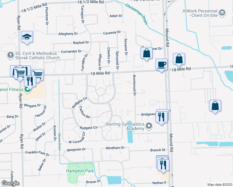 map of restaurants, bars, coffee shops, grocery stores, and more near 5216 Brandon Court in Sterling Heights