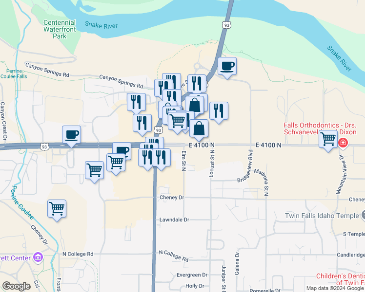 map of restaurants, bars, coffee shops, grocery stores, and more near 1239 Pole Line Road in Twin Falls