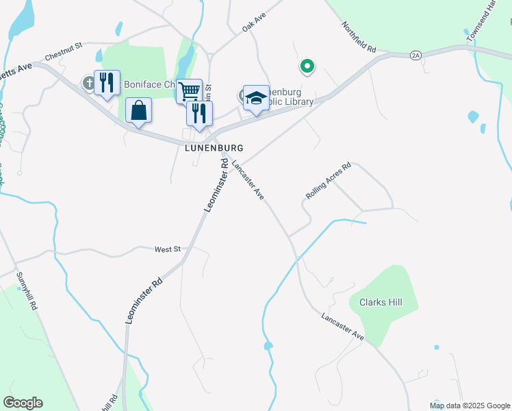 map of restaurants, bars, coffee shops, grocery stores, and more near 72 Lancaster Avenue in Lunenburg