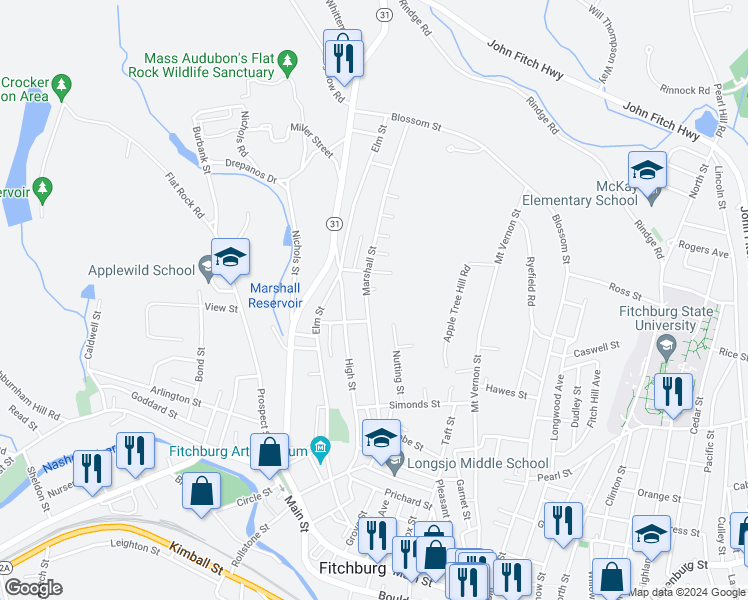 map of restaurants, bars, coffee shops, grocery stores, and more near 162 Marshall Street in Fitchburg