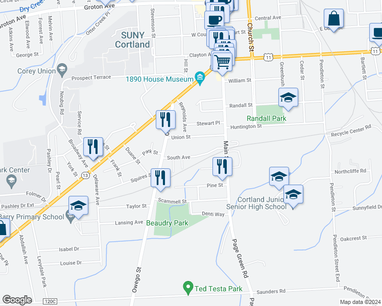 map of restaurants, bars, coffee shops, grocery stores, and more near 37 Union Street in Cortland