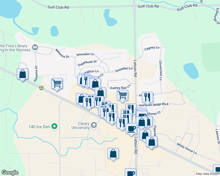 map of restaurants, bars, coffee shops, grocery stores, and more near 3840 Audrey Rae Lane in Howell