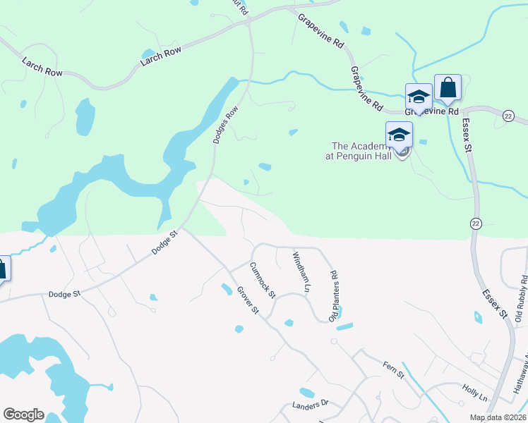 map of restaurants, bars, coffee shops, grocery stores, and more near 79 Dodges Row in Wenham
