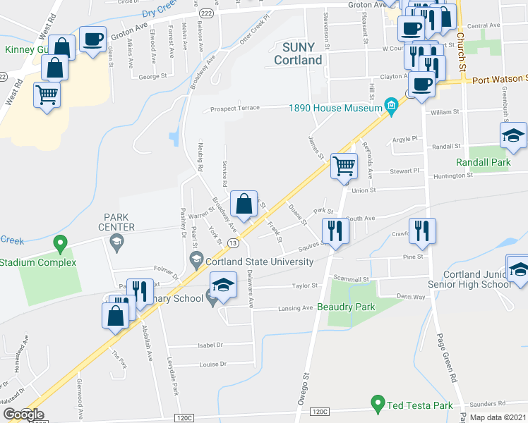 map of restaurants, bars, coffee shops, grocery stores, and more near 144 Tompkins Street in Cortland