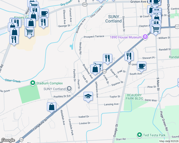 map of restaurants, bars, coffee shops, grocery stores, and more near 16 Broadway Avenue in Cortland