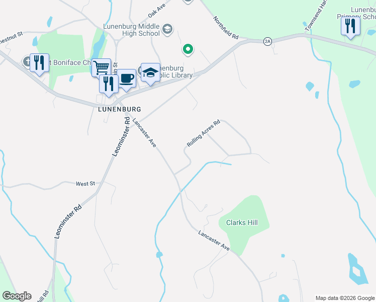 map of restaurants, bars, coffee shops, grocery stores, and more near 66 Rolling Acres Road in Lunenburg