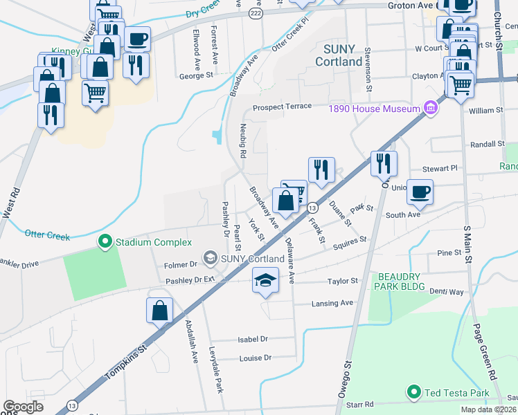 map of restaurants, bars, coffee shops, grocery stores, and more near 15 Broadway Avenue in Cortland