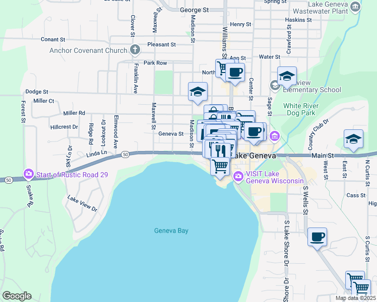 map of restaurants, bars, coffee shops, grocery stores, and more near 1019 West Main Street in Lake Geneva
