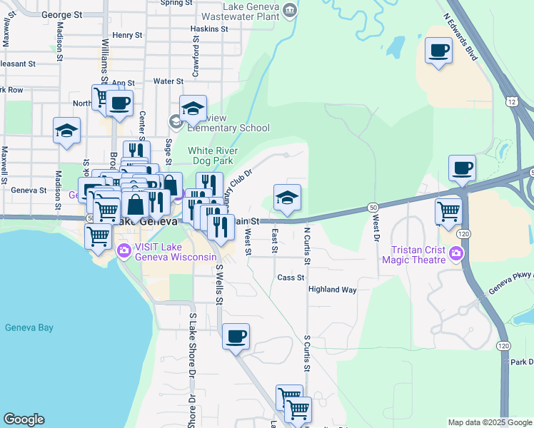 map of restaurants, bars, coffee shops, grocery stores, and more near 250 Havenwood Drive in Lake Geneva