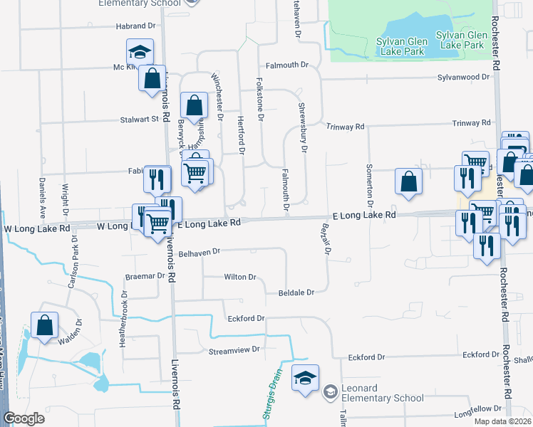 map of restaurants, bars, coffee shops, grocery stores, and more near 5051 Westminister Avenue in Troy