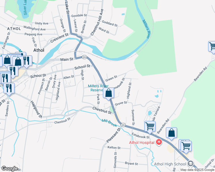 map of restaurants, bars, coffee shops, grocery stores, and more near 1356 Main Street in Athol