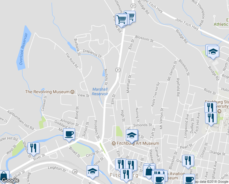 map of restaurants, bars, coffee shops, grocery stores, and more near 217 Mechanic Street in Fitchburg