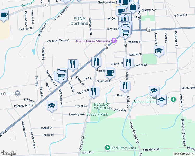 map of restaurants, bars, coffee shops, grocery stores, and more near 36 Owego Street in Cortland