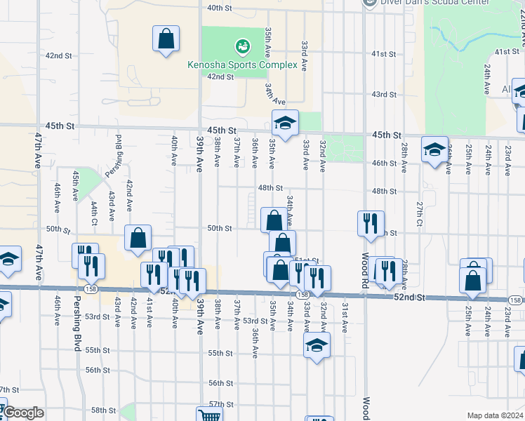 map of restaurants, bars, coffee shops, grocery stores, and more near 3515 48th Street in Kenosha
