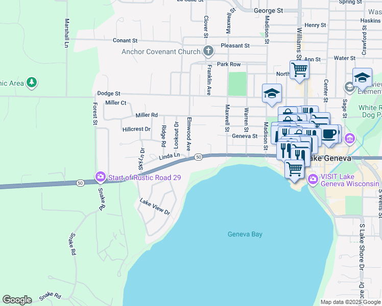 map of restaurants, bars, coffee shops, grocery stores, and more near 235 Elmwood Avenue in Lake Geneva