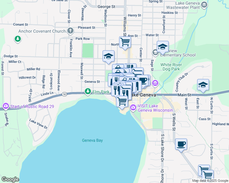 map of restaurants, bars, coffee shops, grocery stores, and more near 224 Cook Street in Lake Geneva