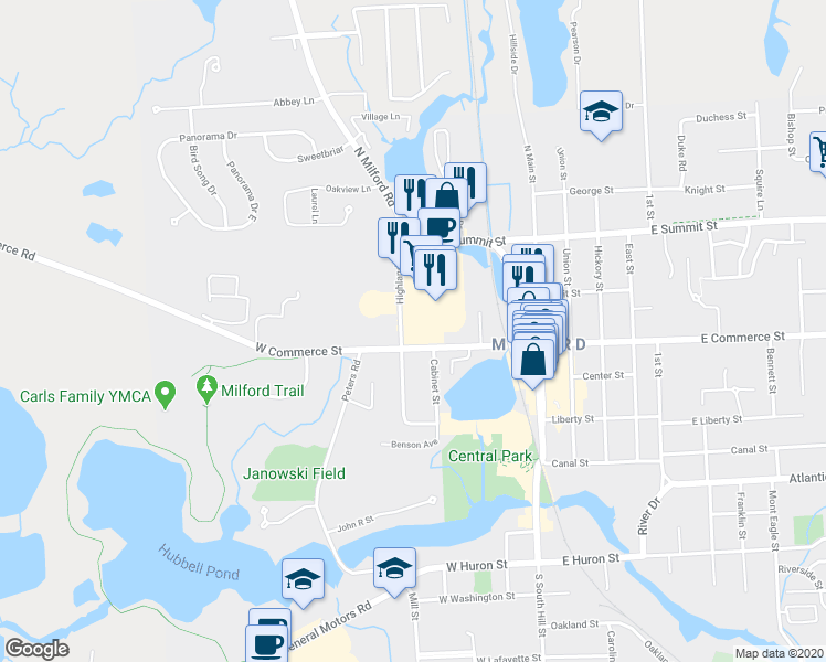 map of restaurants, bars, coffee shops, grocery stores, and more near 510 Highland Avenue in Milford Charter Township