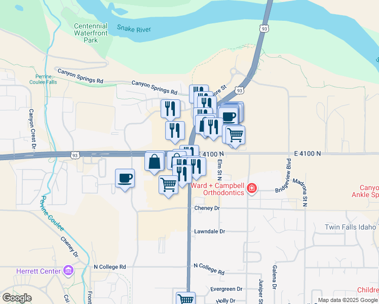 map of restaurants, bars, coffee shops, grocery stores, and more near 1239 Pole Line Road in Twin Falls