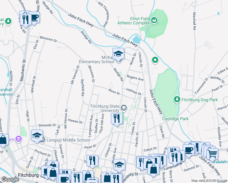 map of restaurants, bars, coffee shops, grocery stores, and more near 84 Ross St in Fitchburg