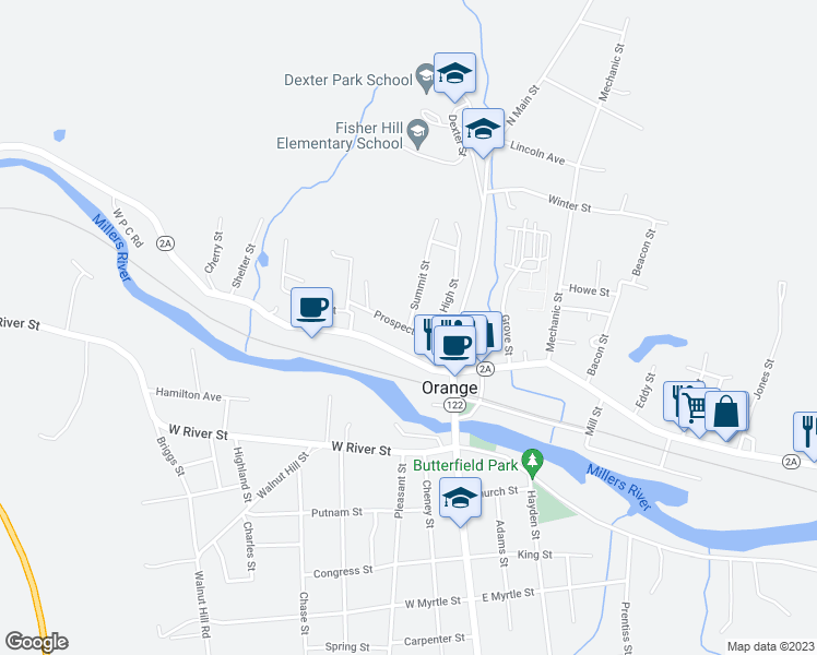 map of restaurants, bars, coffee shops, grocery stores, and more near 2 Summit Street in Orange